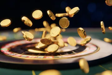 A close-up shot of golden coins falling around a spinning roulette wheel, representing immersive casino action at SPINARA.
